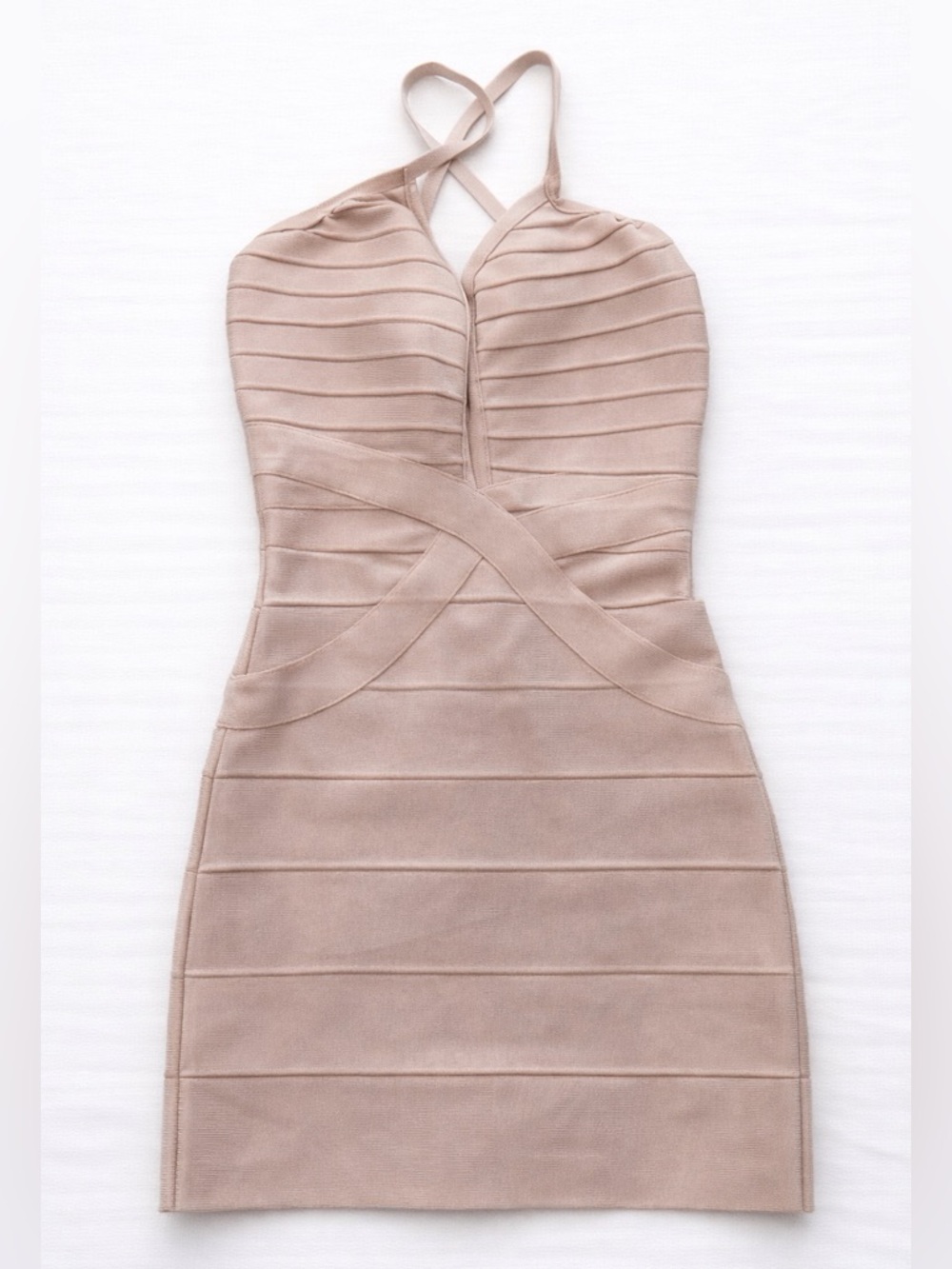 Nude Bandage Bodycon Dress XS | Halter Crisscross Mini Dress | Sculpting Fit